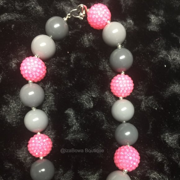 Hot Pink Sparkle & Grey Chunky Bead Necklace HAND CRAFTED